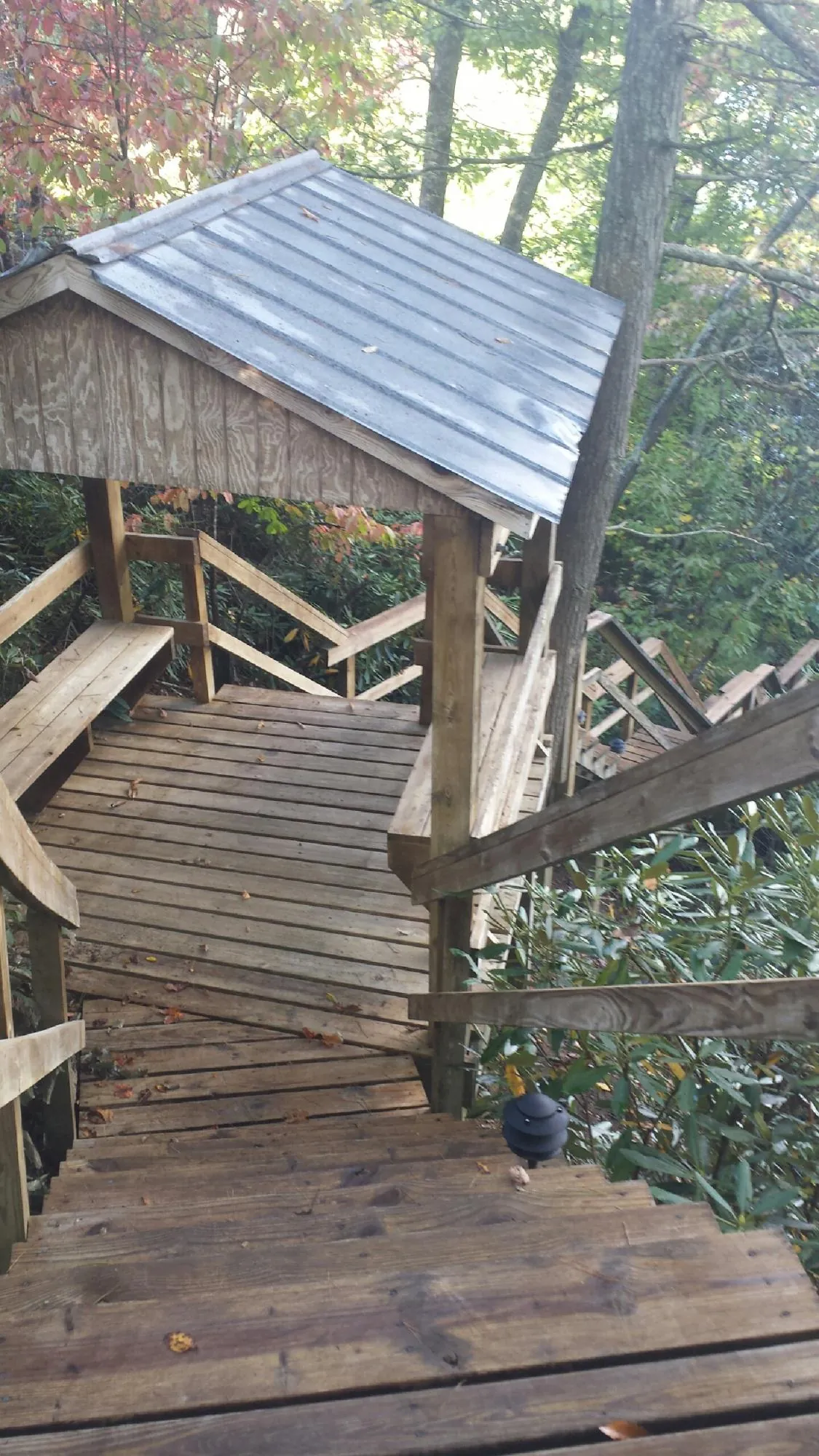 Metal roofed shelter over wooden steps on a wooded walkway — Skylight Repair & Installation work by our crew in Smithton
